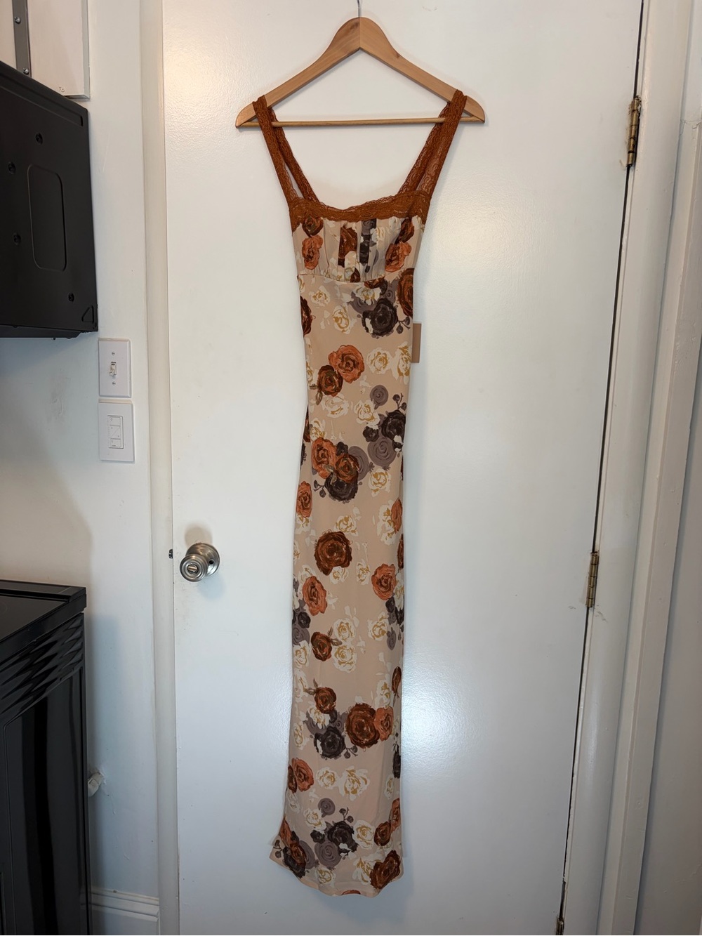 Floral Lace-Trim Maxi Slip Dress in Cream and Brown